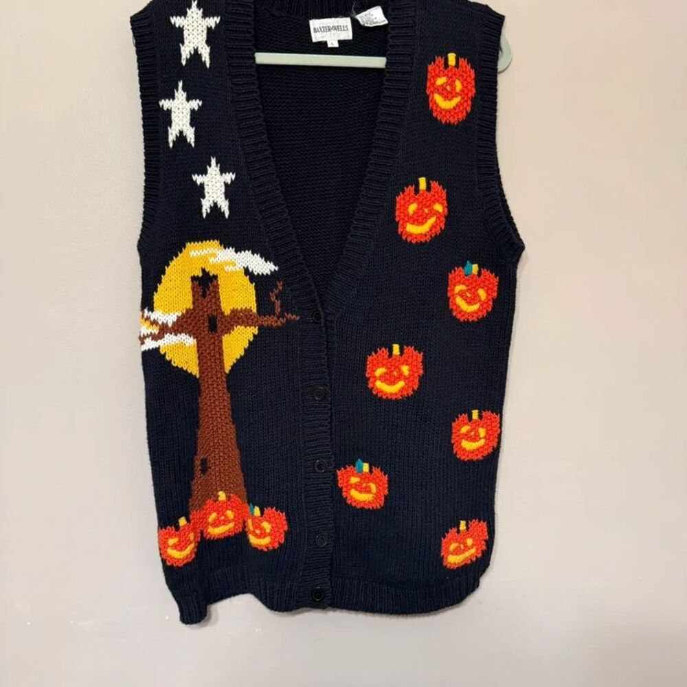 Vintage Baxter & Wells Halloween Knit Sweater Vest L Pumpkin Spooky Moon Stars